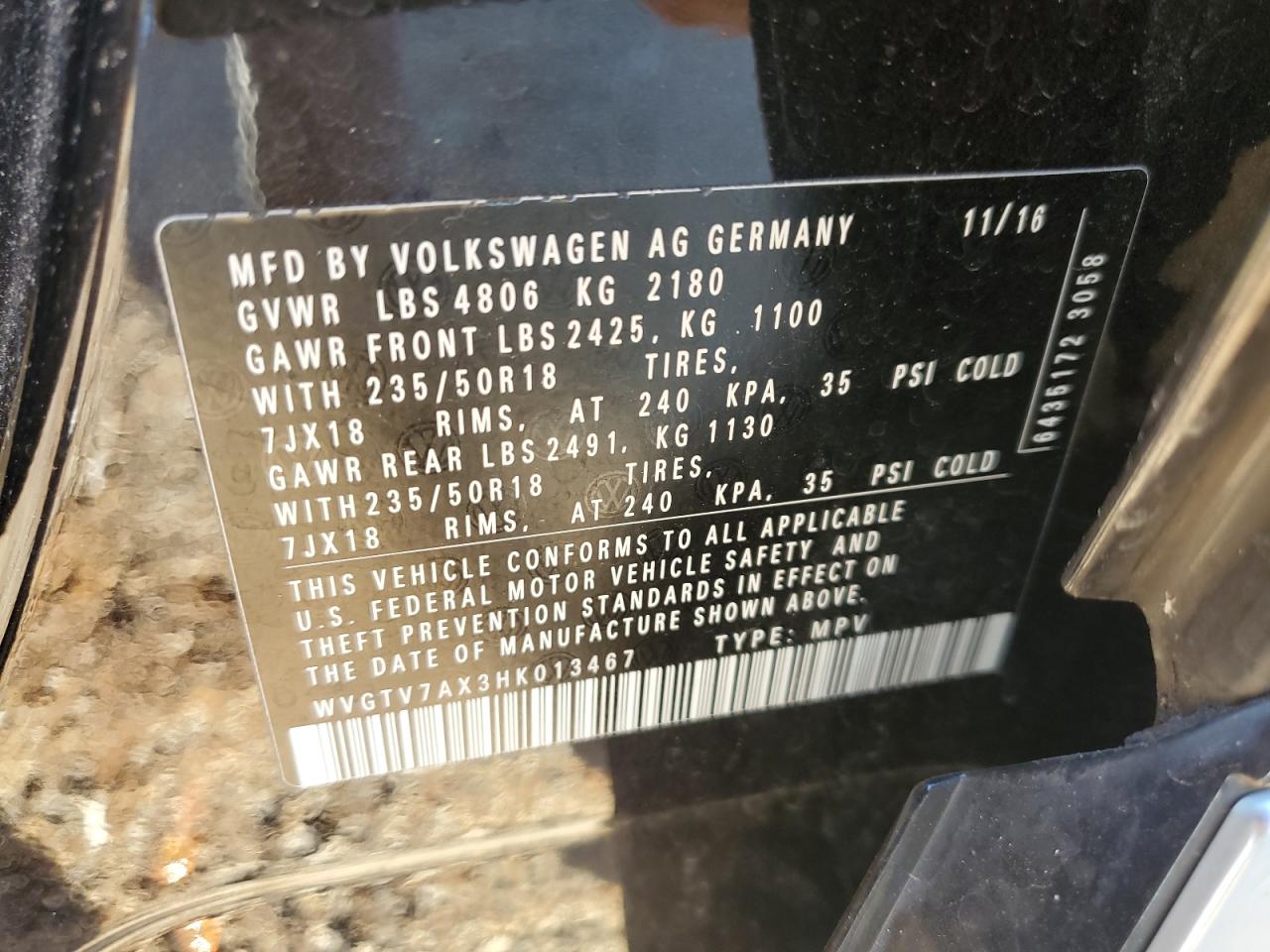 2017 Volkswagen Tiguan Sport VIN: WVGTV7AX3HK013467 Lot: 84988425