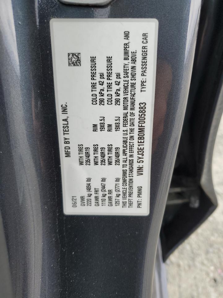 2021 Tesla Model 3 VIN: 5YJ3E1EB0MF005883 Lot: 87481445