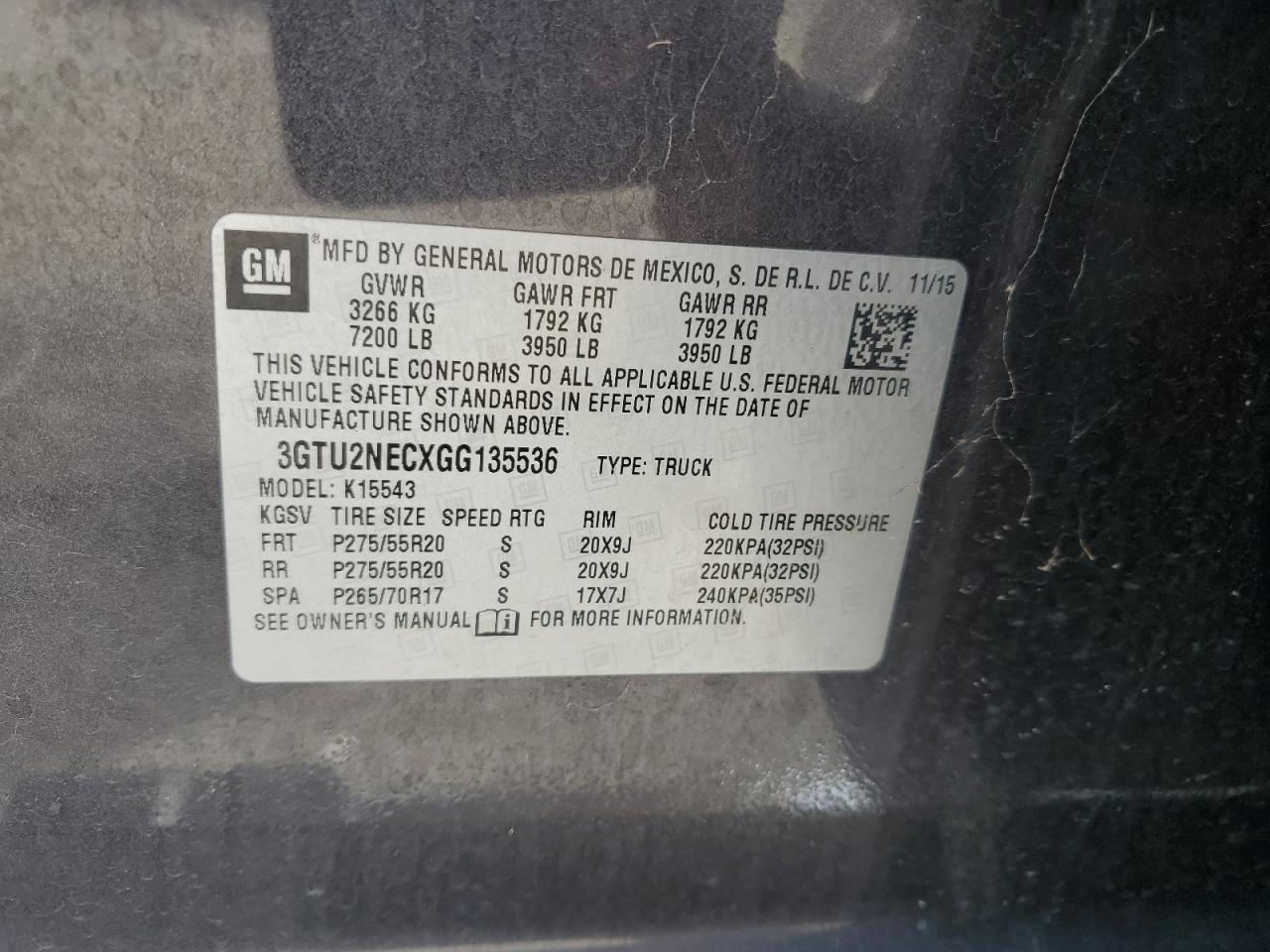 2016 GMC Sierra K1500 Slt VIN: 3GTU2NECXGG135536 Lot: 86460045