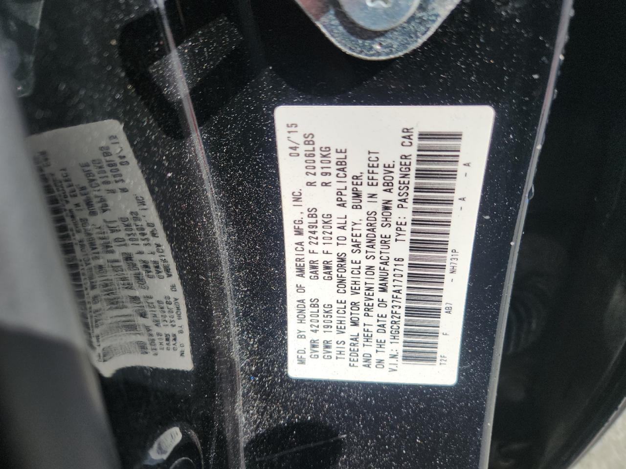 2015 Honda Accord Lx VIN: 1HGCR2F37FA170716 Lot: 86178235