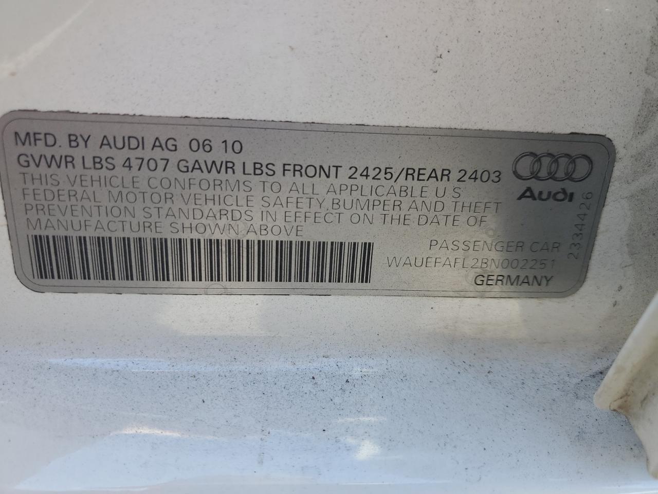 2011 Audi A4 Premium Plus VIN: WAUEFAFL2BN002251 Lot: 82414935