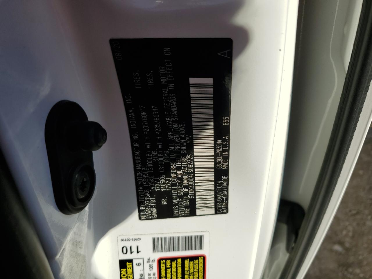 2020 Toyota Sienna Le VIN: 5TDKZ3DC4LS082725 Lot: 85890555