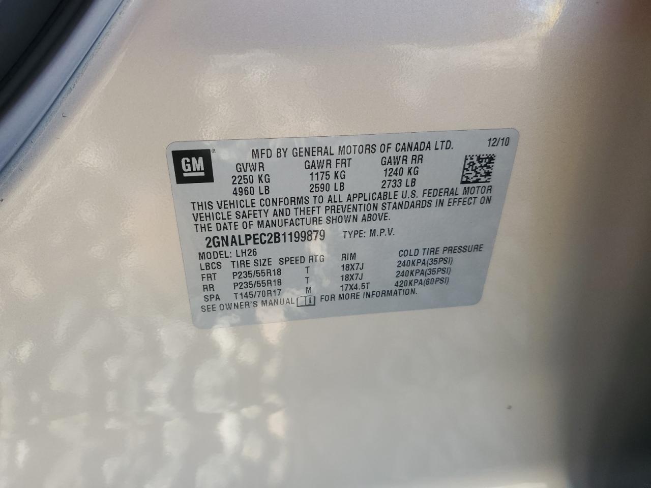 2011 Chevrolet Equinox Lt VIN: 2GNALPEC2B1199879 Lot: 84551505