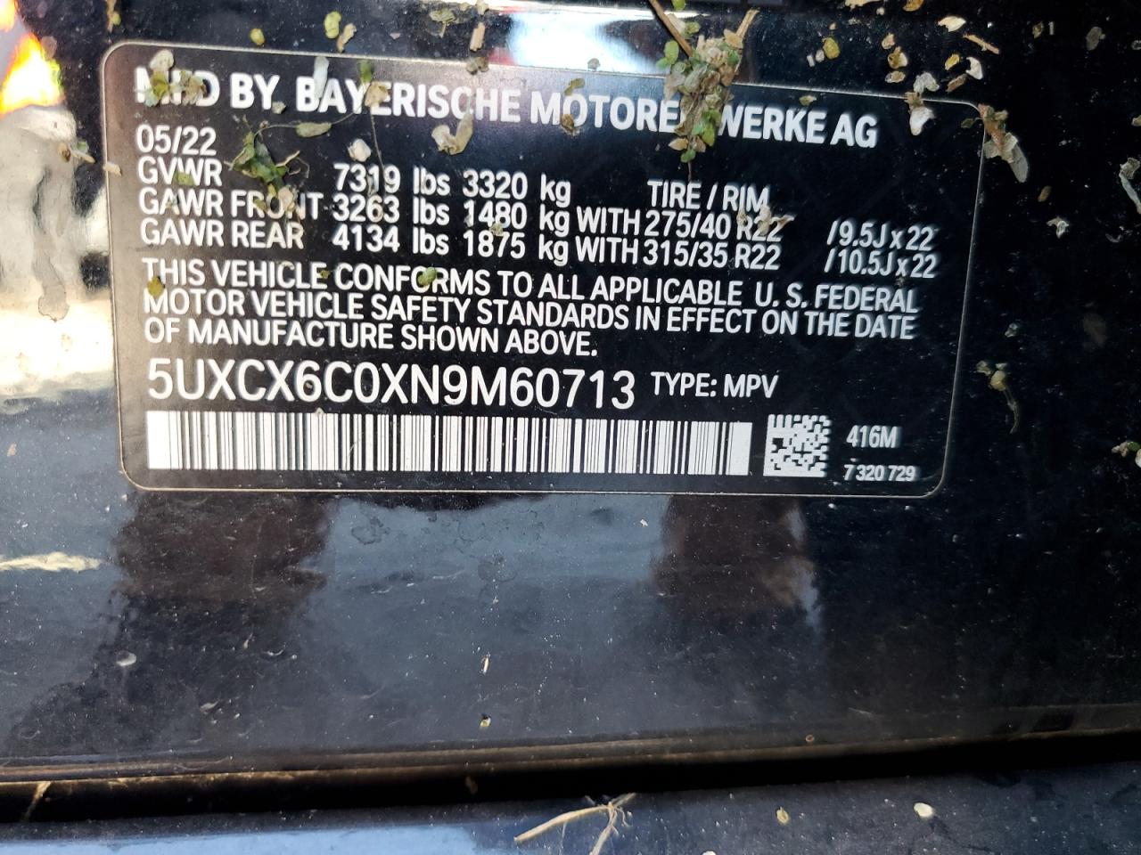 2022 BMW X7 M50I VIN: 5UXCX6C0XN9M60713 Lot: 89687165