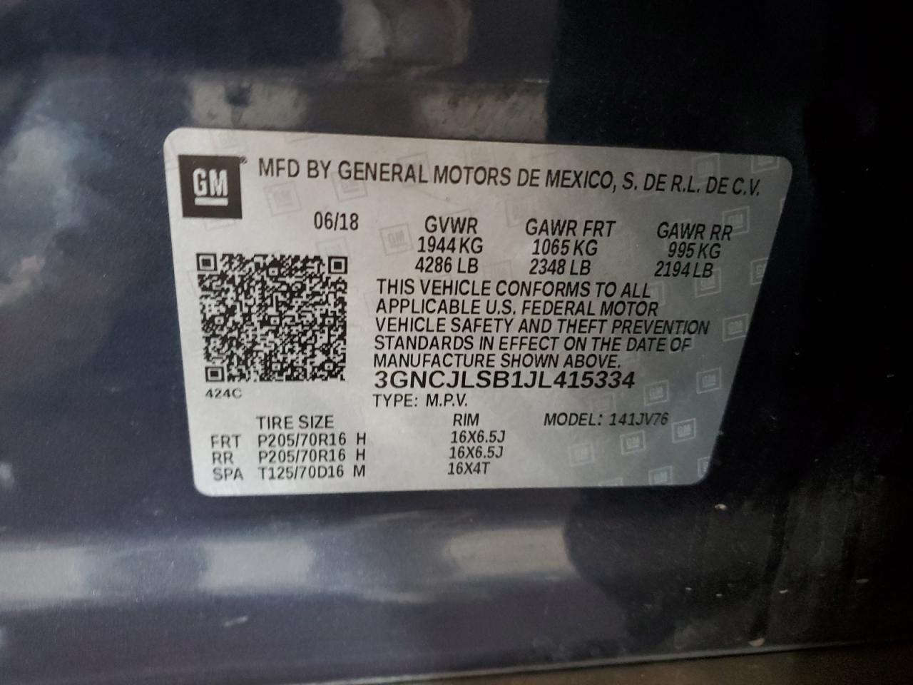 2018 Chevrolet Trax 1Lt VIN: 3GNCJLSB1JL415334 Lot: 89721995