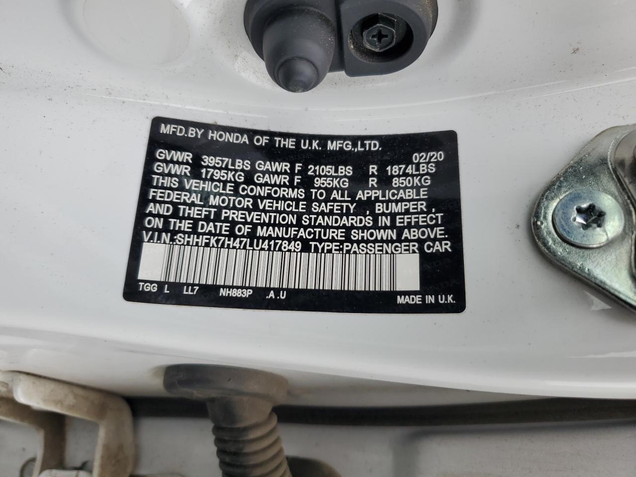 2020 Honda Civic Sport VIN: SHHFK7H47LU417849 Lot: 82772205