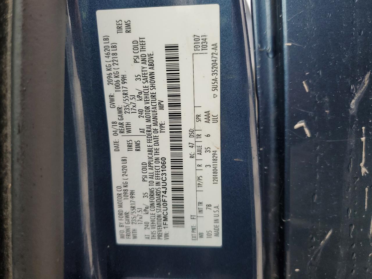 2018 Ford Escape S VIN: 1FMCU0F74JUC31060 Lot: 90468575