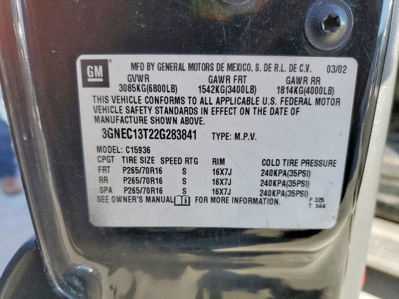 2002 Chevrolet Avalanche C1500 VIN: 3GNEC13T22G283841 Lot: 85498325