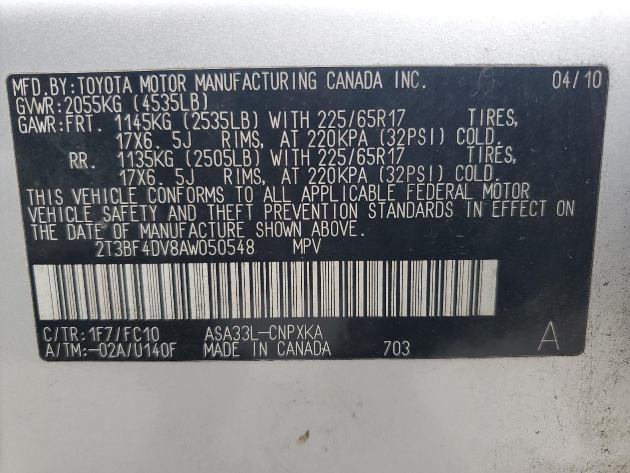 2010 Toyota Rav4 VIN: 2T3BF4DV8AW050548 Lot: 82275055