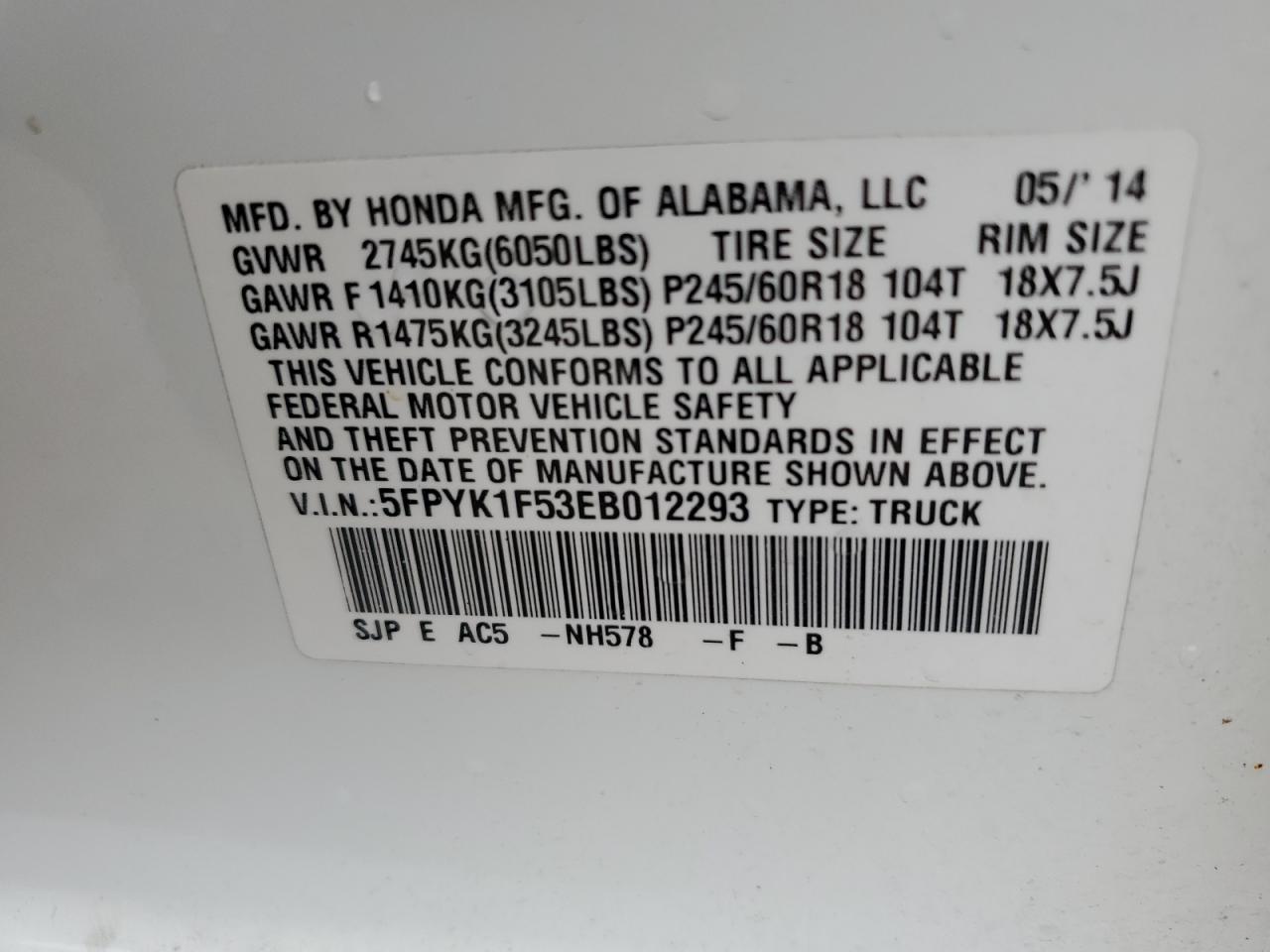 2014 Honda Ridgeline Rtl VIN: 5FPYK1F53EB012293 Lot: 89865855
