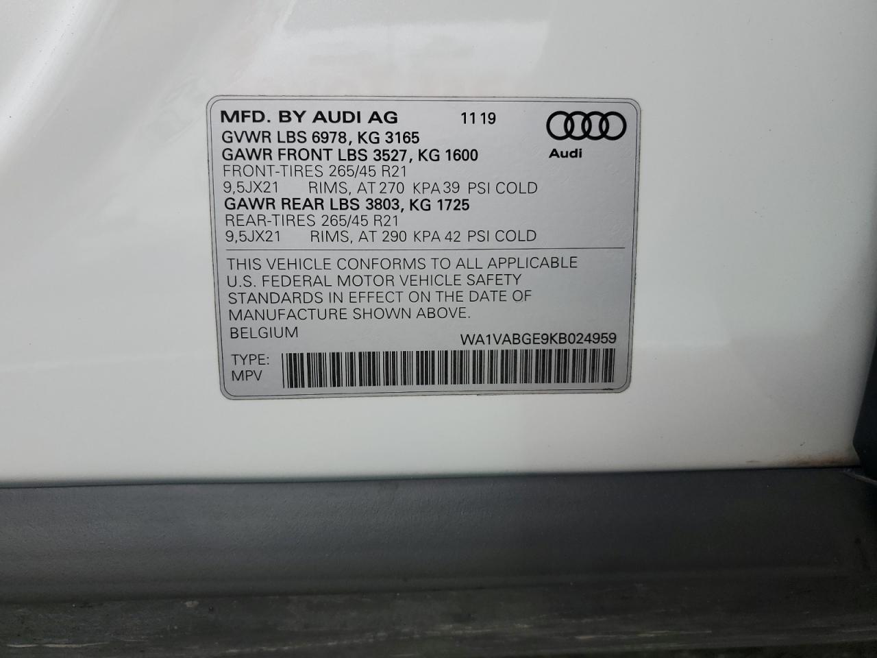 2019 Audi E-Tron Prestige VIN: WA1VABGE9KB024959 Lot: 84894615