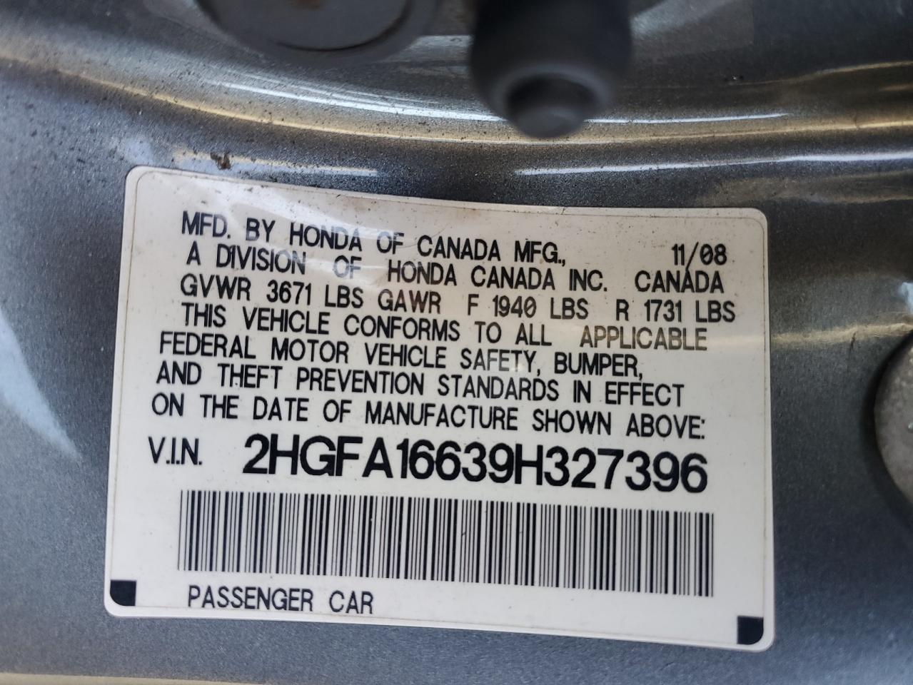 2009 Honda Civic Lx-S VIN: 2HGFA16639H327396 Lot: 85286945