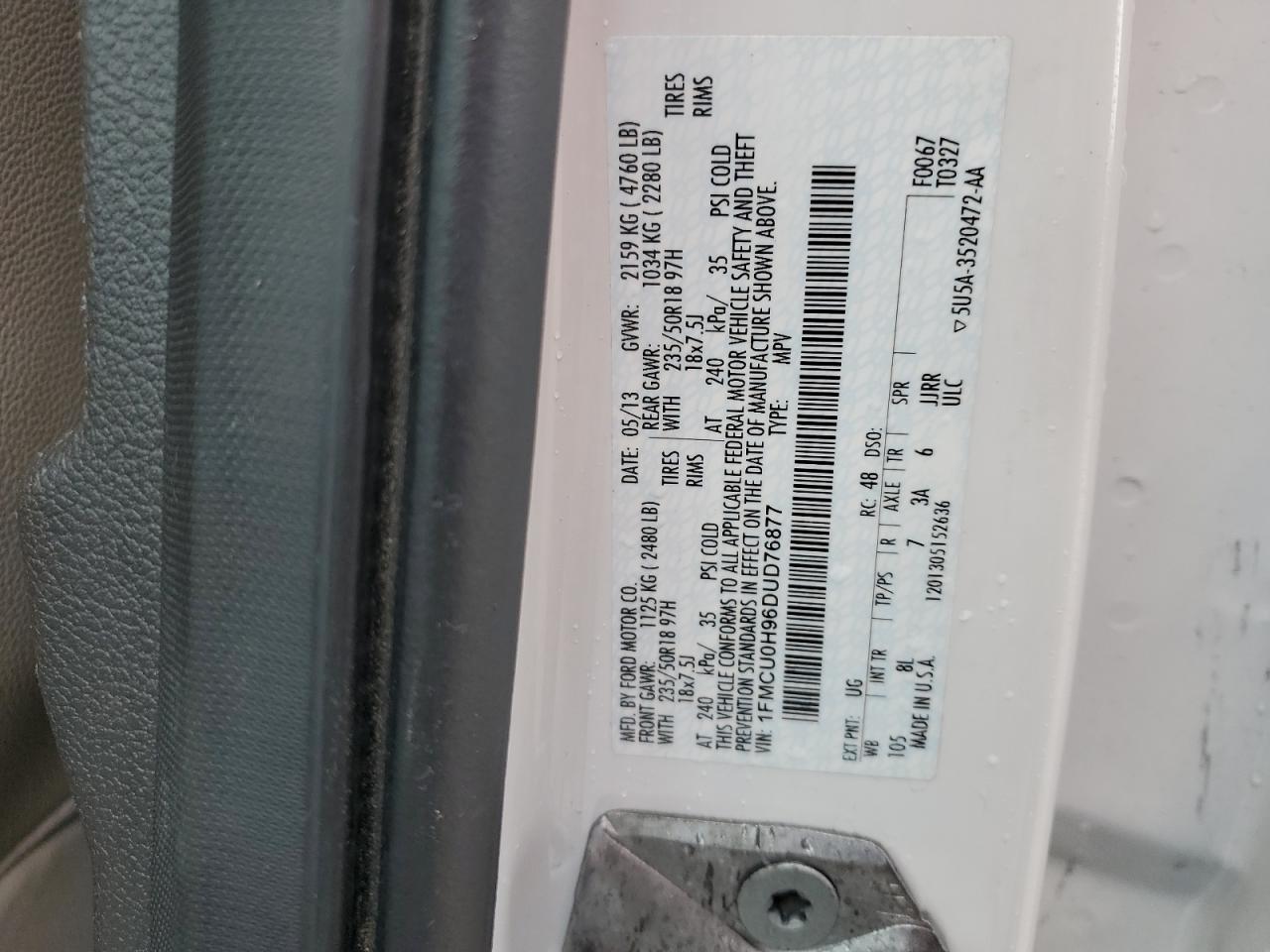 2013 Ford Escape Sel VIN: 1FMCU0H96DUD76877 Lot: 90227075