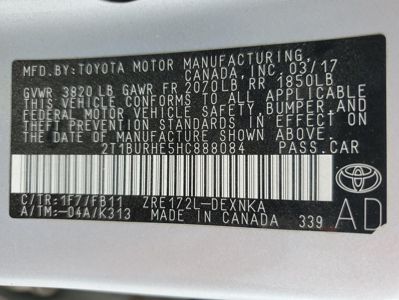 2017 Toyota Corolla L VIN: 2T1BURHE5HC888084 Lot: 82437195