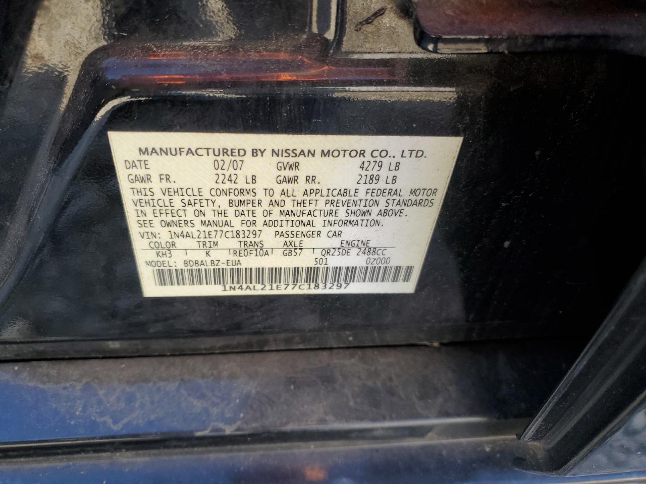 2007 Nissan Altima 2.5 VIN: 1N4AL21E77C183297 Lot: 82117975