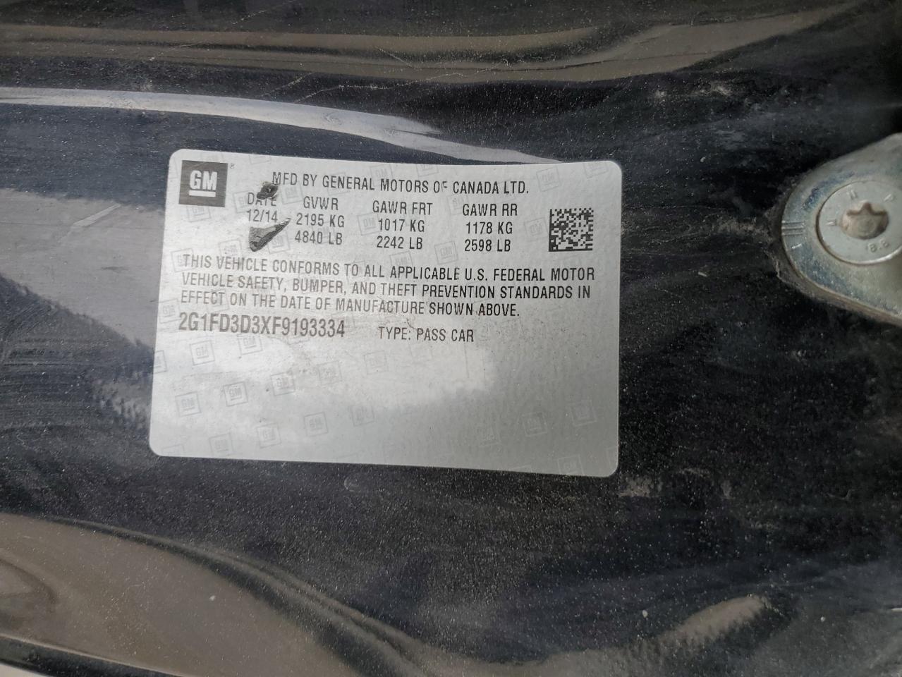 2015 Chevrolet Camaro Lt VIN: 2G1FD3D3XF9193334 Lot: 82444425