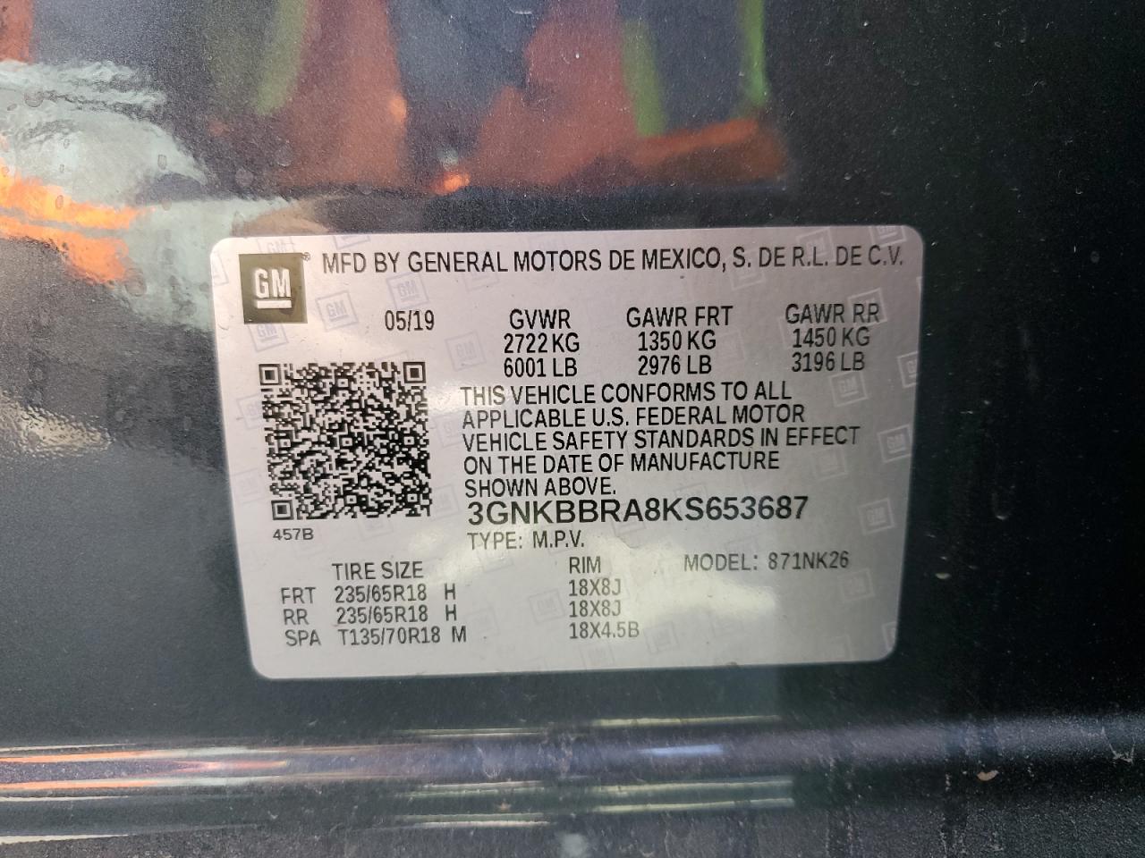 2019 Chevrolet Blazer 1Lt VIN: 3GNKBBRA8KS653687 Lot: 81957005