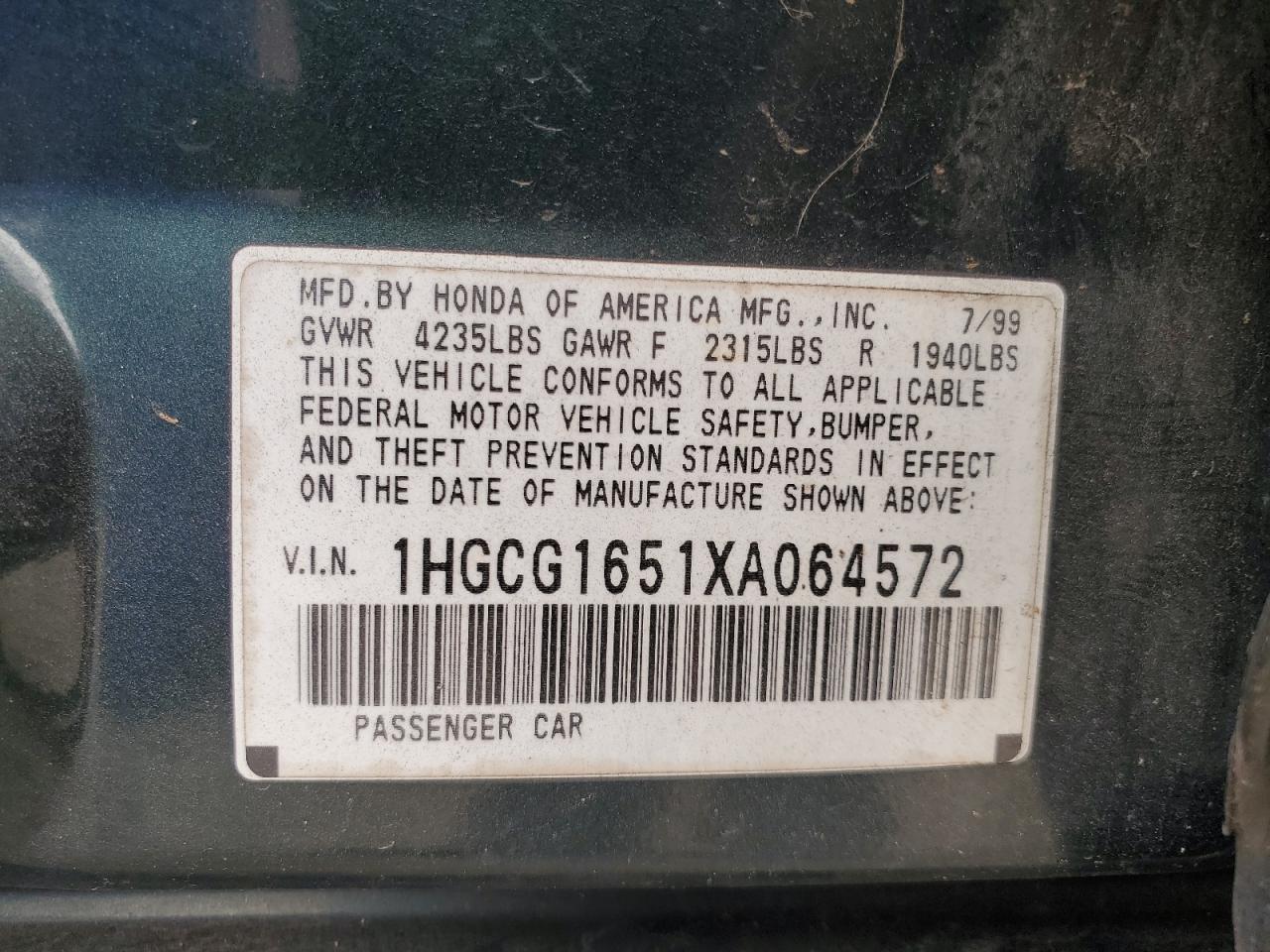 1999 Honda Accord Ex VIN: 1HGCG1651XA064572 Lot: 85878025