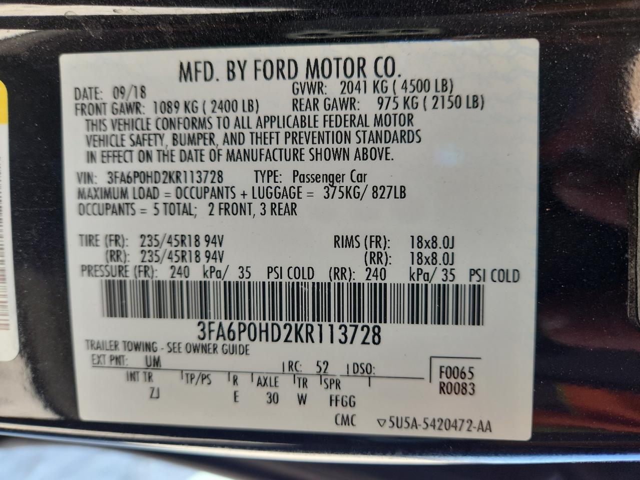 2019 Ford Fusion Se VIN: 3FA6P0HD2KR113728 Lot: 82661695