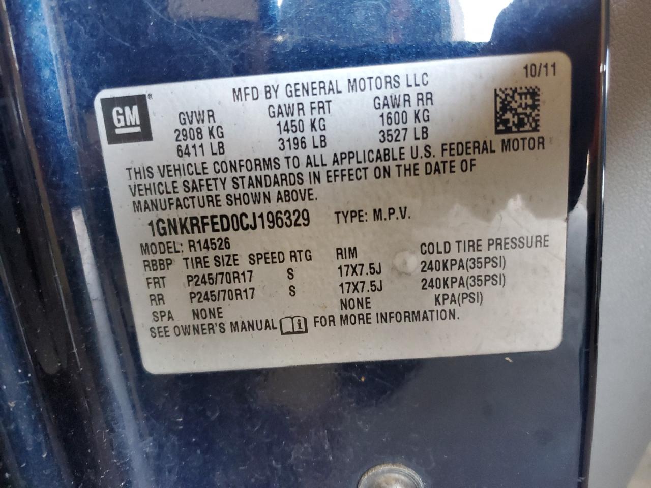 2012 Chevrolet Traverse Ls VIN: 1GNKRFED0CJ196329 Lot: 84535985