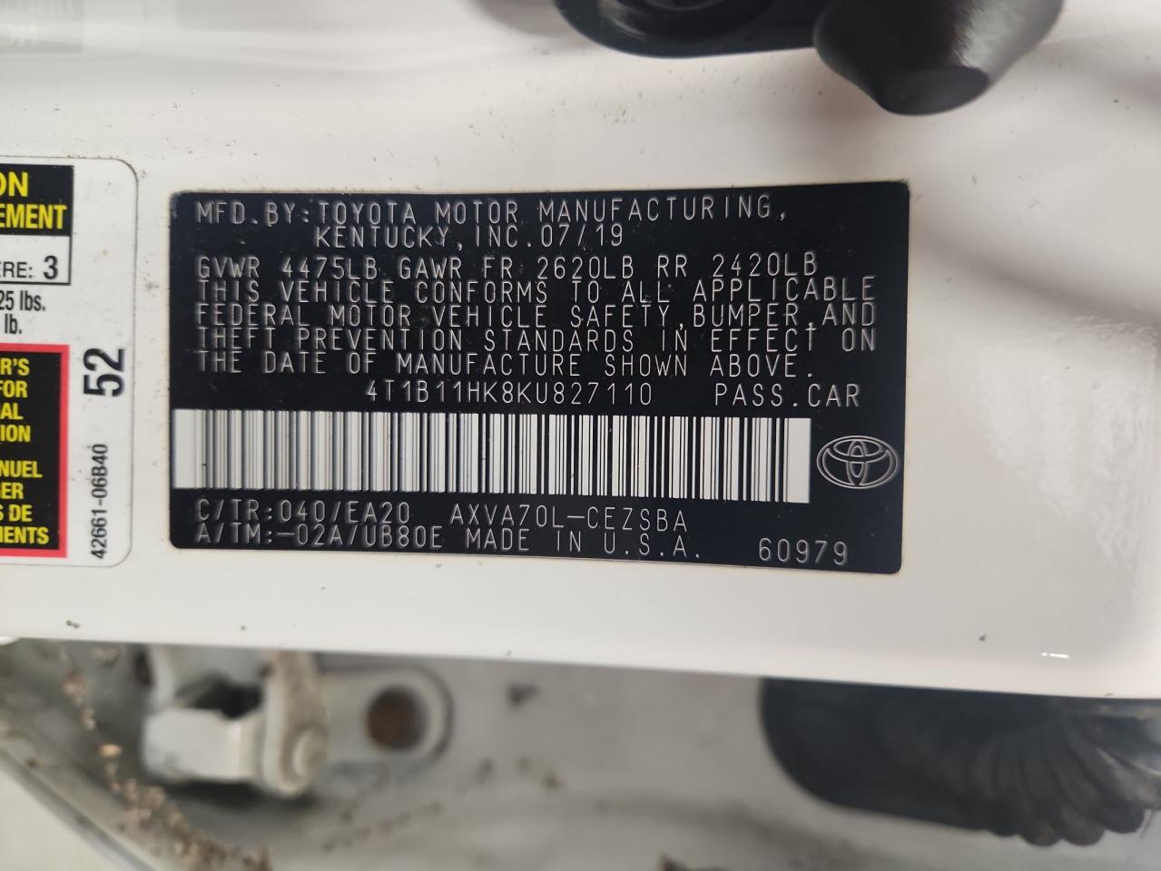 2019 Toyota Camry L VIN: 4T1B11HK8KU827110 Lot: 85538345