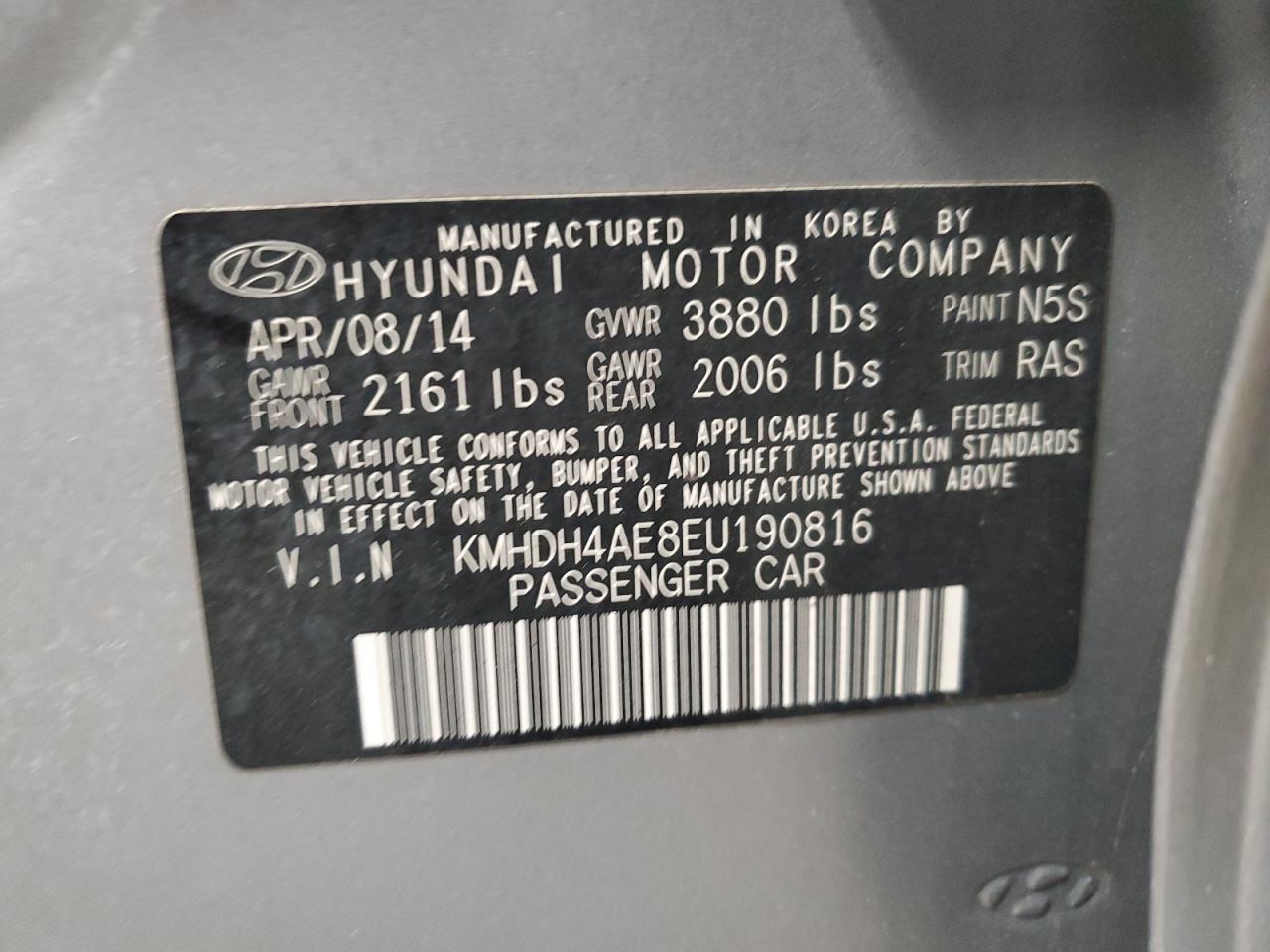 2014 Hyundai Elantra Se VIN: KMHDH4AE8EU190816 Lot: 85499555