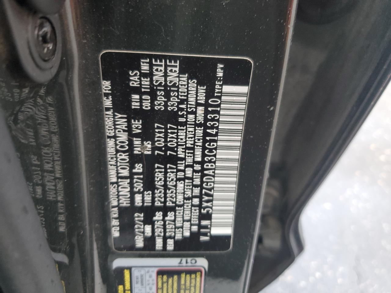 2012 Hyundai Santa Fe Gls VIN: 5XYZGDAB3CG143310 Lot: 86744115