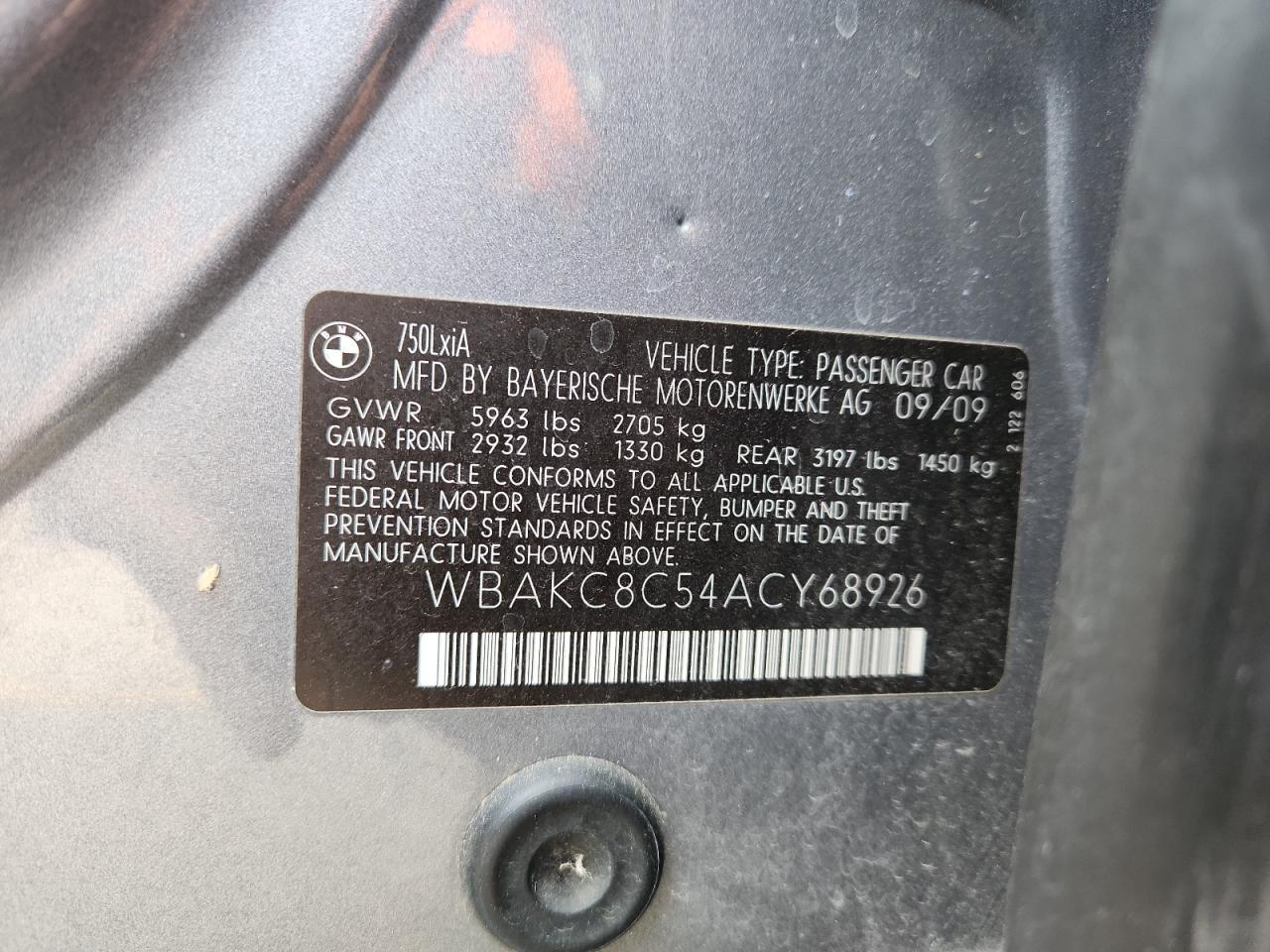 2010 BMW 750 Li xDrive VIN: WBAKC8C54ACY68926 Lot: 90124915