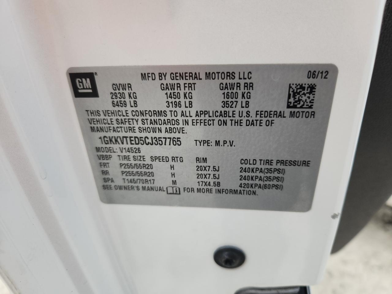 2012 GMC Acadia Denali VIN: 1GKKVTED5CJ357765 Lot: 85598135