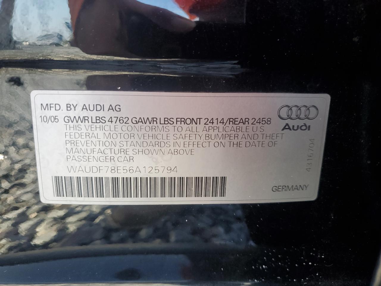 2006 Audi A4 2.0T Quattro VIN: WAUDF78E56A125794 Lot: 82340345