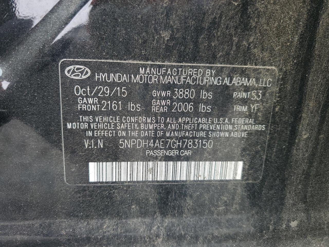 2016 Hyundai Elantra Se VIN: 5NPDH4AE7GH783150 Lot: 82383035