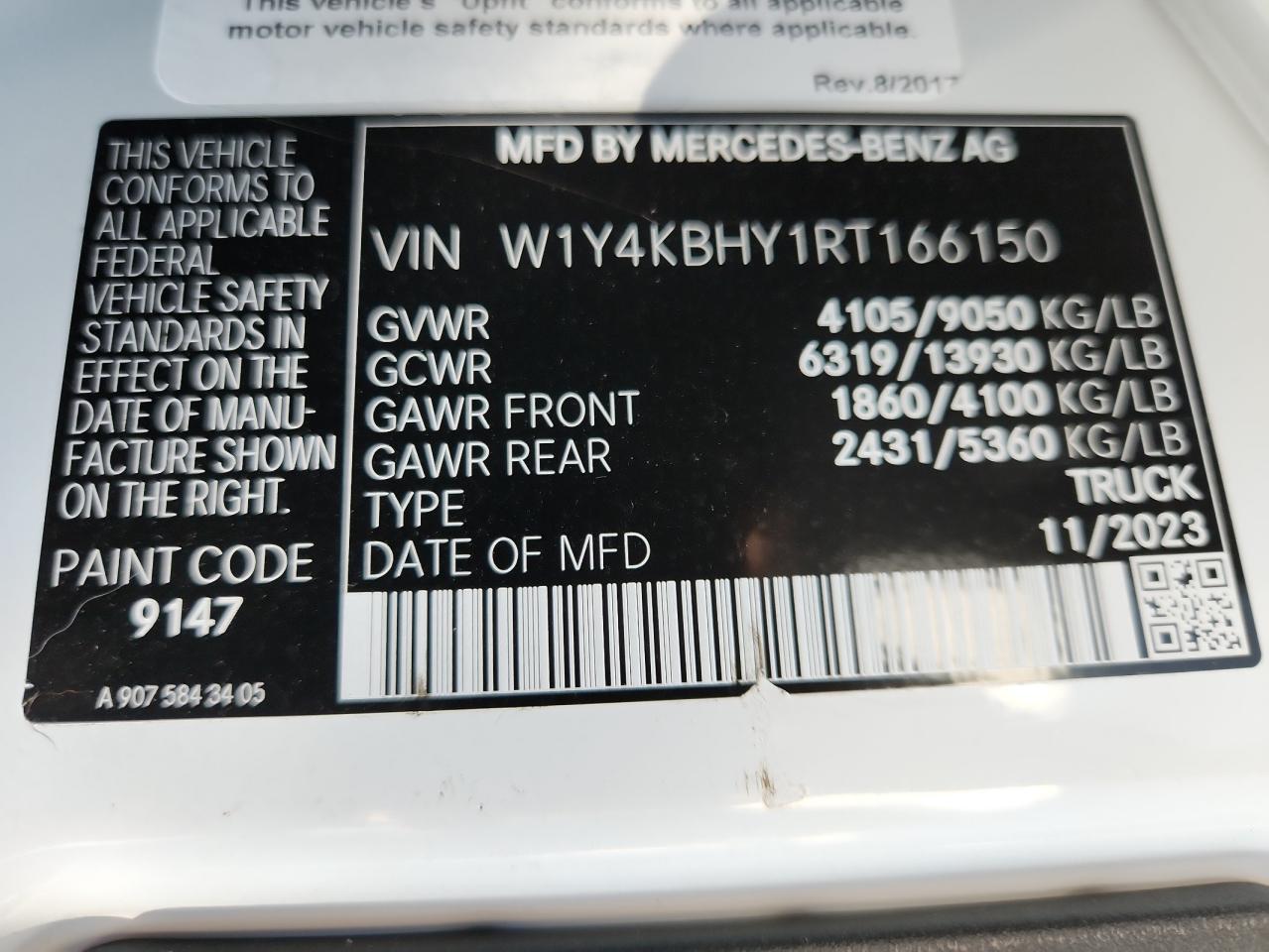 2024 Mercedes-Benz Sprinter 2500 VIN: W1Y4KBHY1RT166150 Lot: 84403515