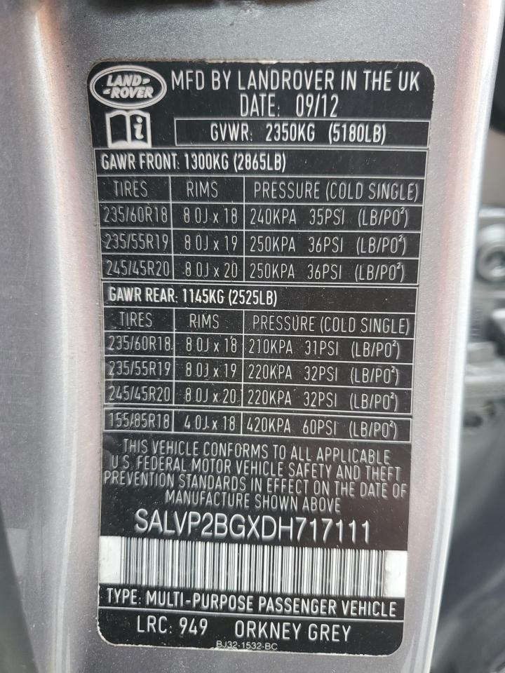 2013 Land Rover Range Rover Evoque Pure Plus VIN: SALVP2BGXDH717111 Lot: 82188325