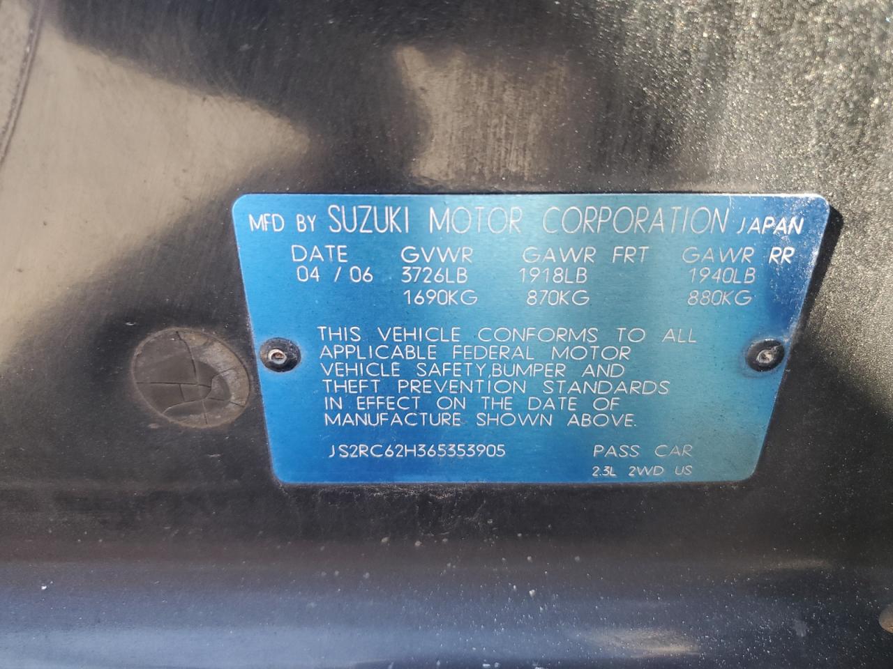 2006 Suzuki Aerio VIN: JS2RC62H365353905 Lot: 90095495