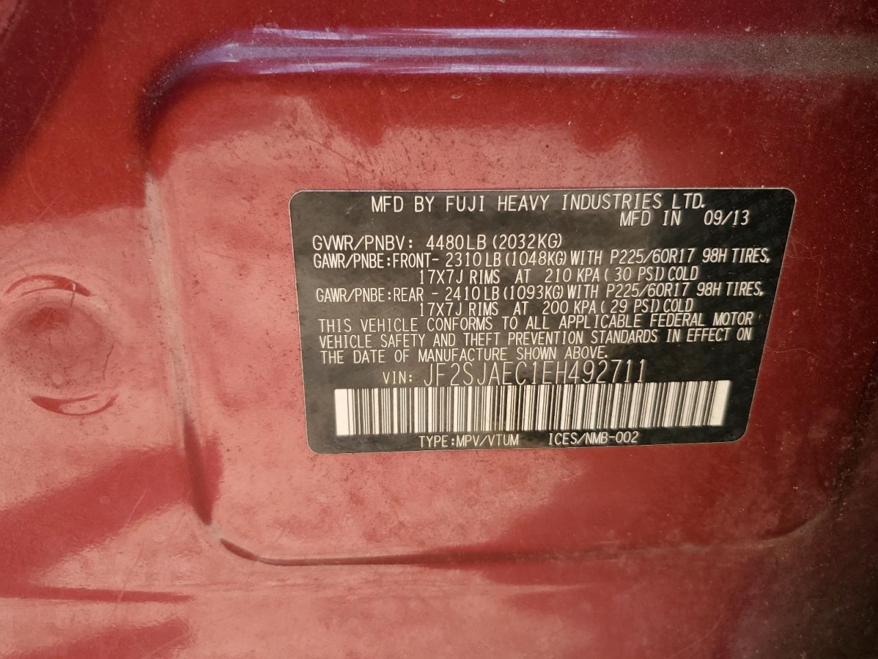 2014 Subaru Forester 2.5I Premium VIN: JF2SJAEC1EH492711 Lot: 84992305