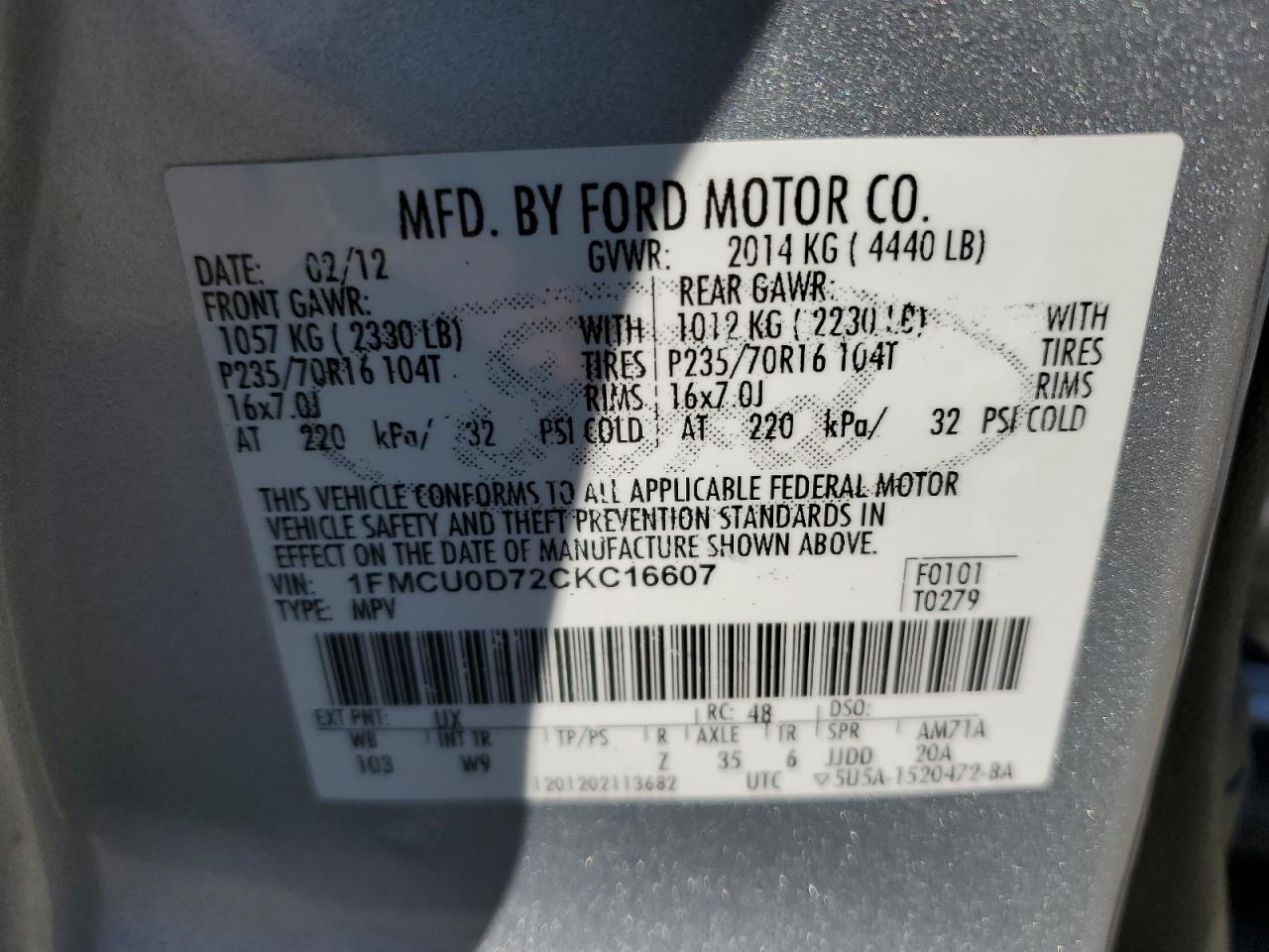 2012 Ford Escape Xlt VIN: 1FMCU0D72CKC16607 Lot: 85740645
