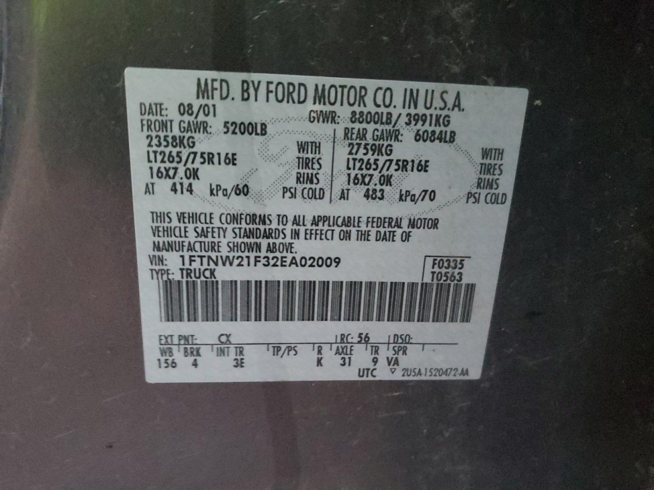 2002 Ford F250 Super Duty VIN: 1FTNW21F32EA02009 Lot: 90552155