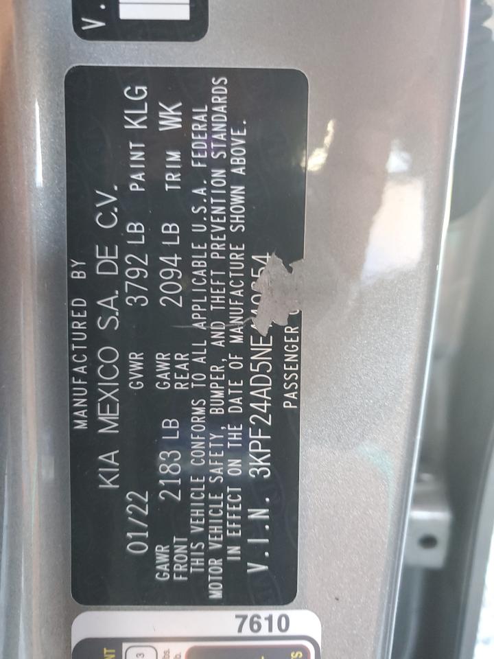 2022 Kia Forte Fe VIN: 3KPF24AD5NE449654 Lot: 85301815