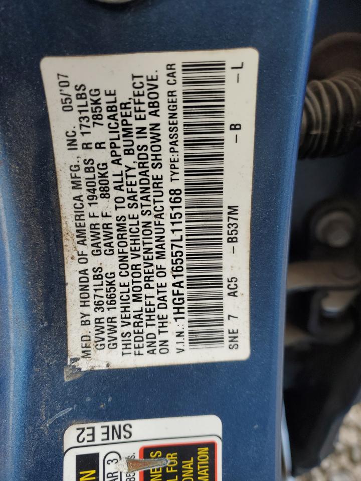 2007 Honda Civic Lx VIN: 1HGFA16557L115168 Lot: 90279615