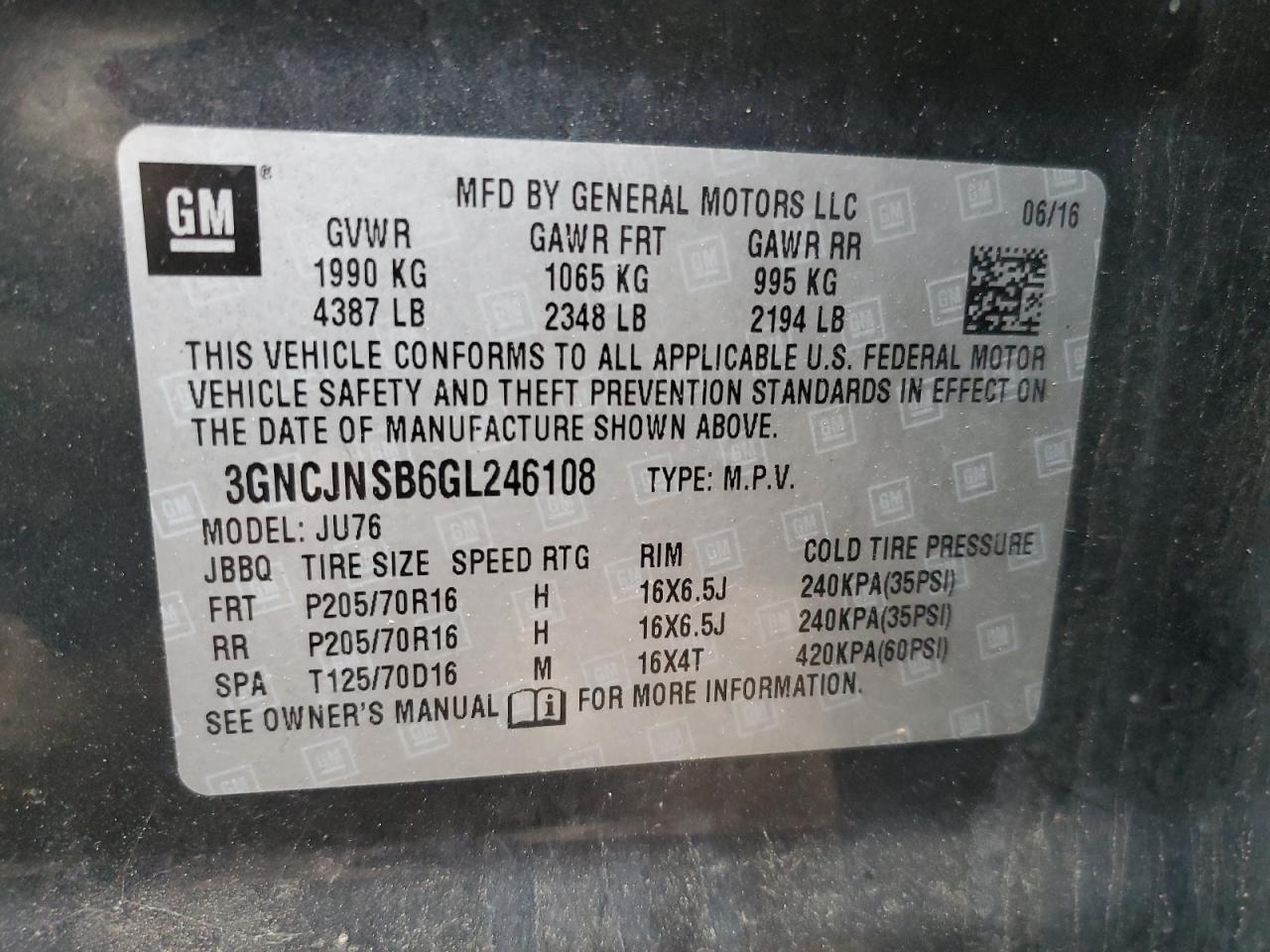 2016 Chevrolet Trax Ls VIN: 3GNCJNSB6GL246108 Lot: 85525285