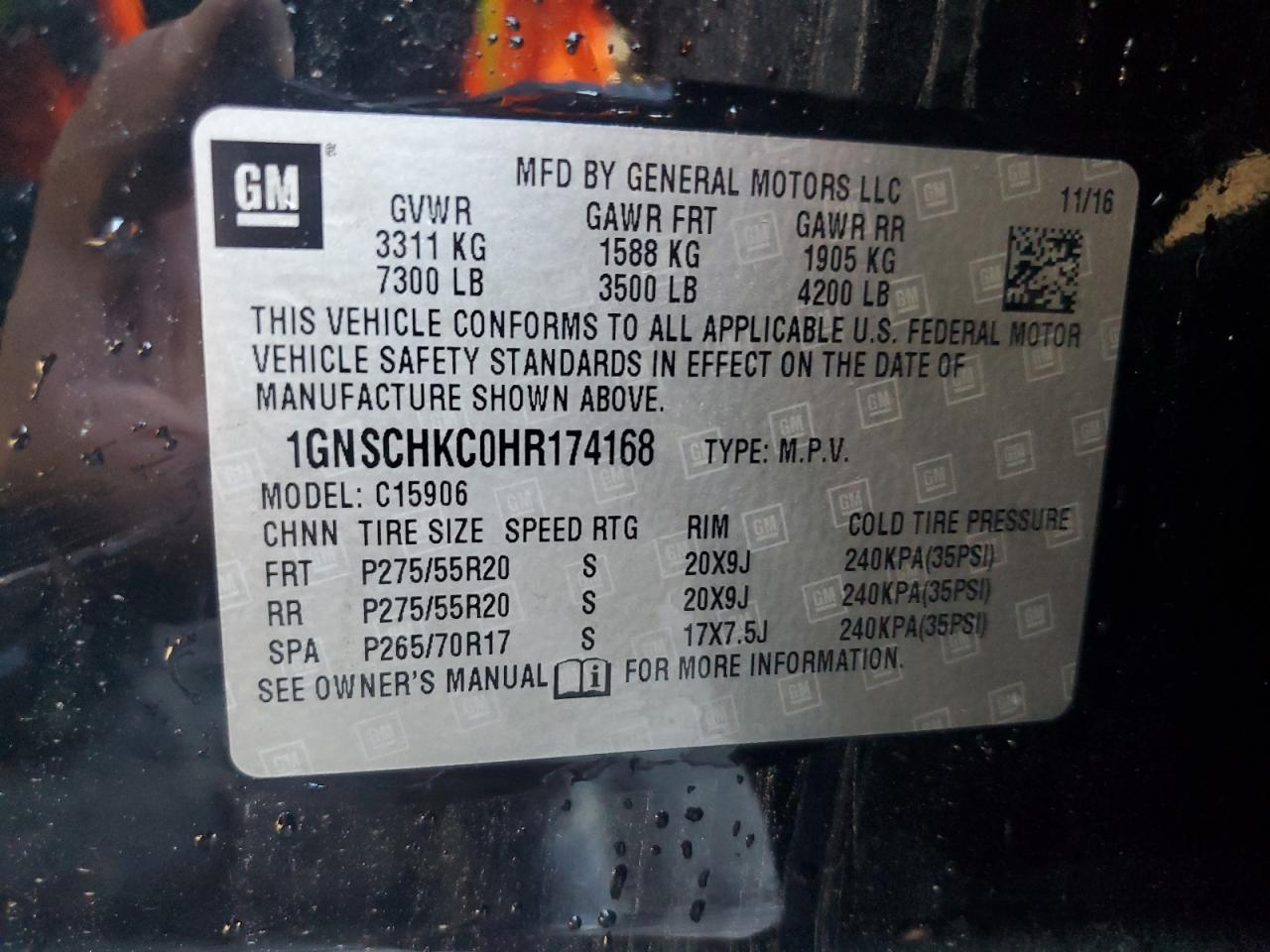 2017 Chevrolet Suburban C1500 Lt VIN: 1GNSCHKC0HR174168 Lot: 87112325
