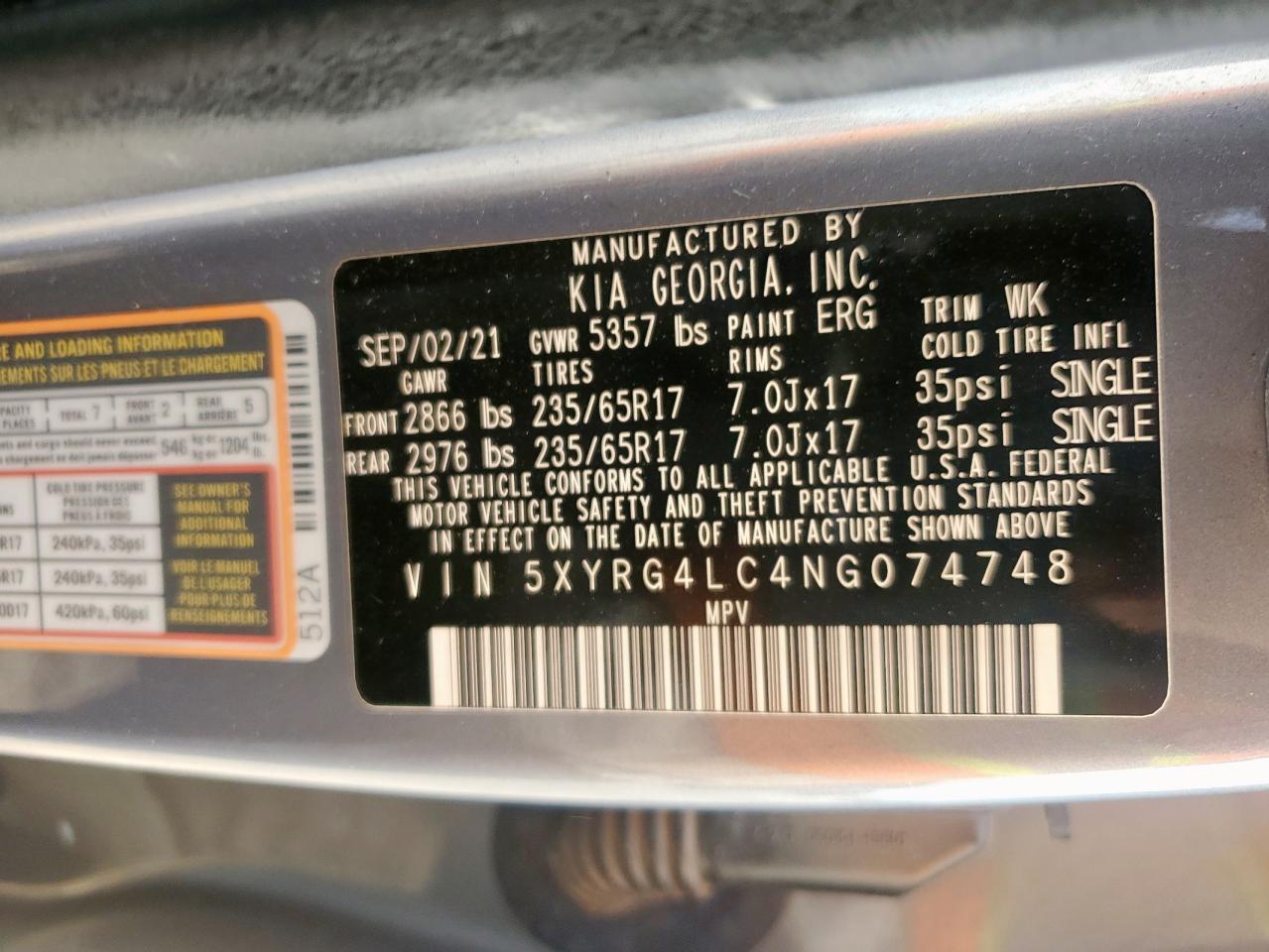 2022 Kia Sorento Lx VIN: 5XYRG4LC4NG074748 Lot: 85584695