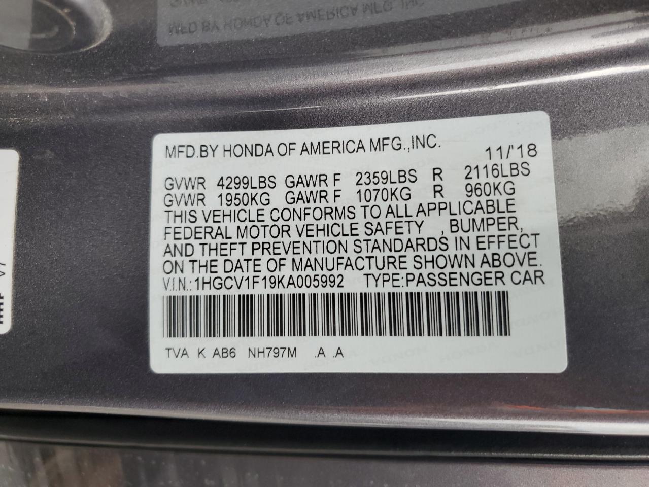 2019 Honda Accord Lx VIN: 1HGCV1F19KA005992 Lot: 85936025