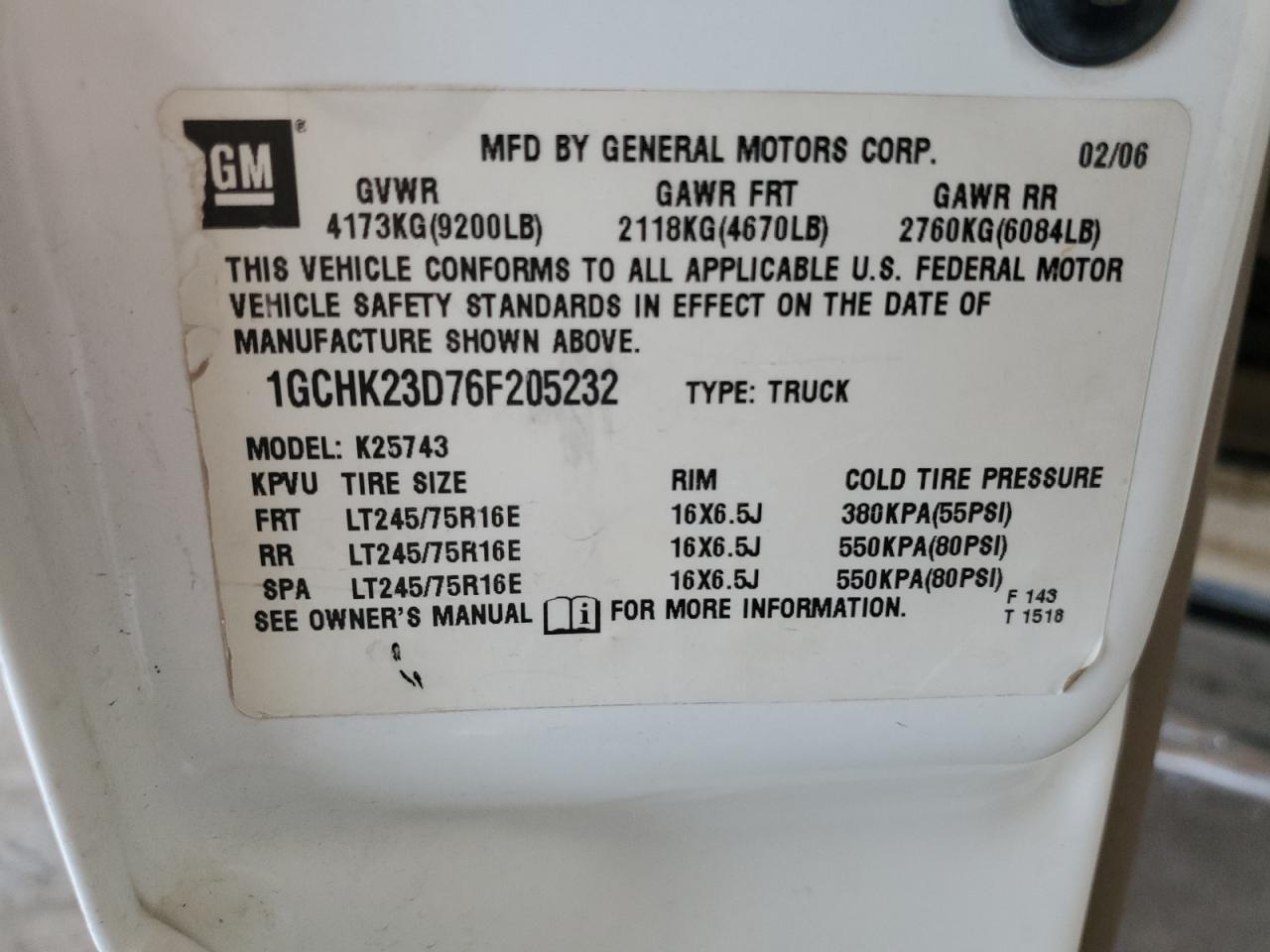 2006 Chevrolet Silverado K2500 Heavy Duty VIN: 1GCHK23D76F205232 Lot: 85283295