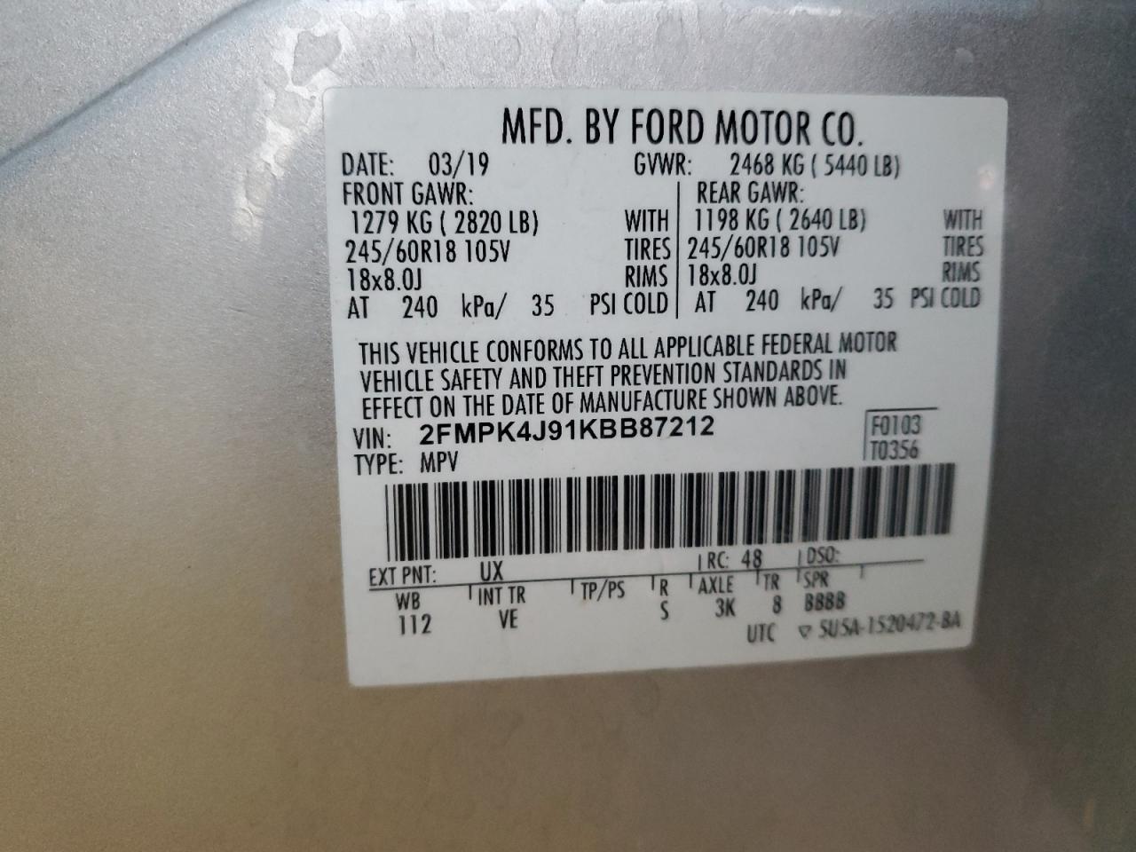 2019 Ford Edge Sel VIN: 2FMPK4J91KBB87212 Lot: 82516835