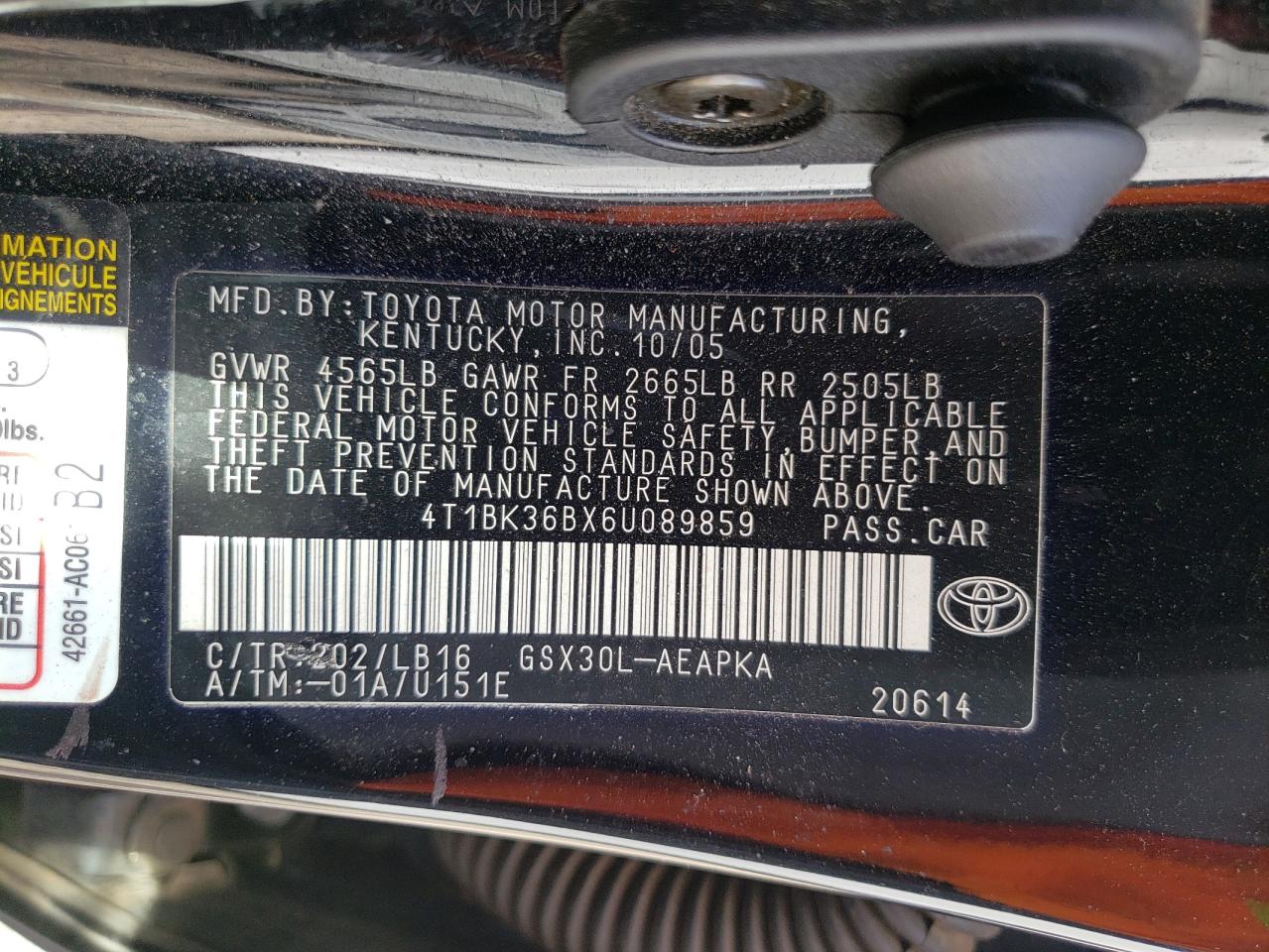 2006 Toyota Avalon Xl VIN: 4T1BK36BX6U089859 Lot: 82365645