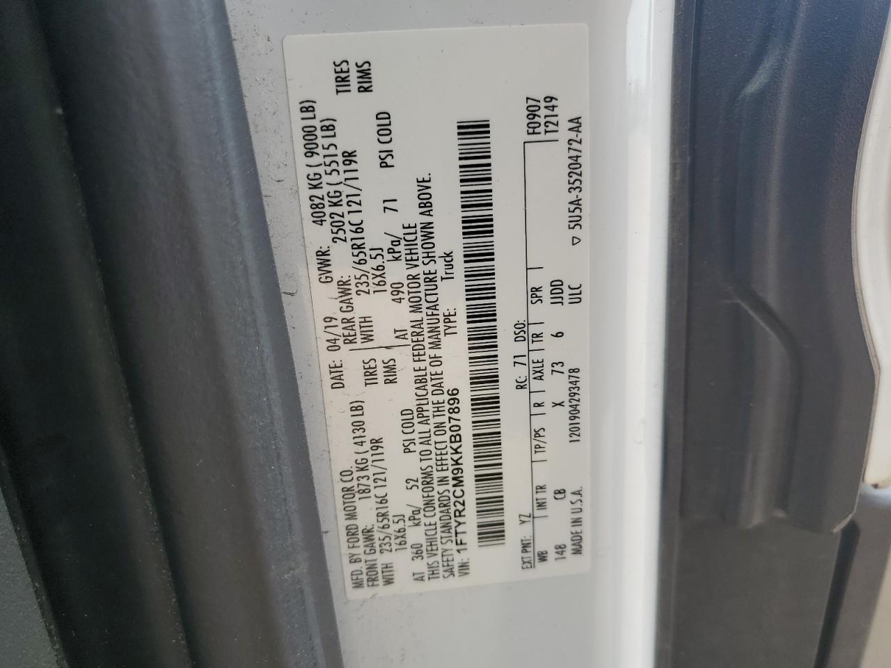 2019 Ford Transit T-250 VIN: 1FTYR2CM9KKB07896 Lot: 85721455