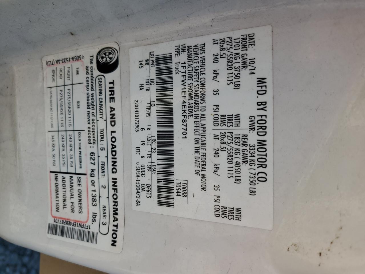 2014 Ford F150 Supercrew VIN: 1FTFW1EF4EKF87701 Lot: 85389965