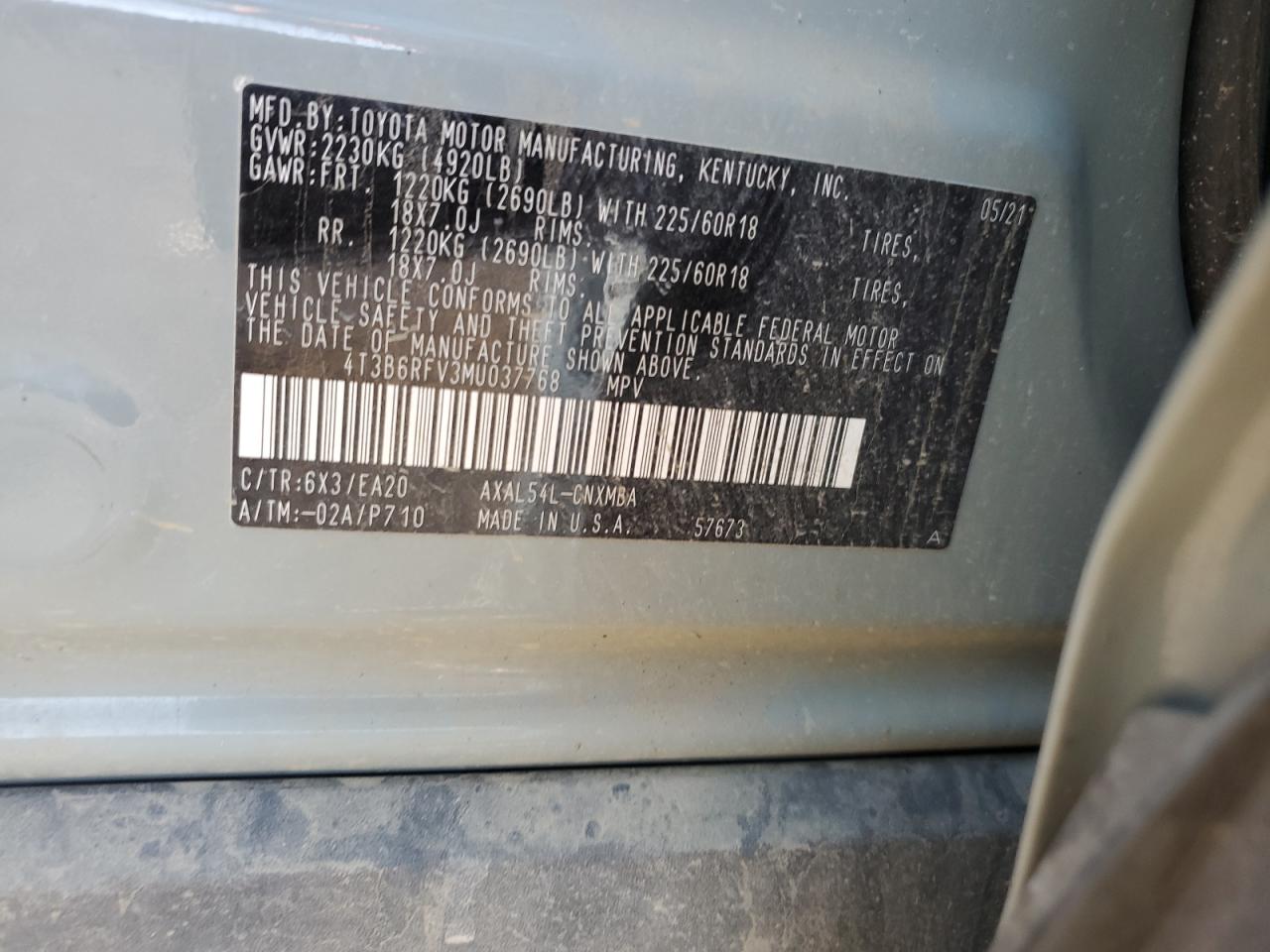 2021 Toyota Rav4 Xle Premium VIN: 4T3B6RFV3MU037768 Lot: 86236245