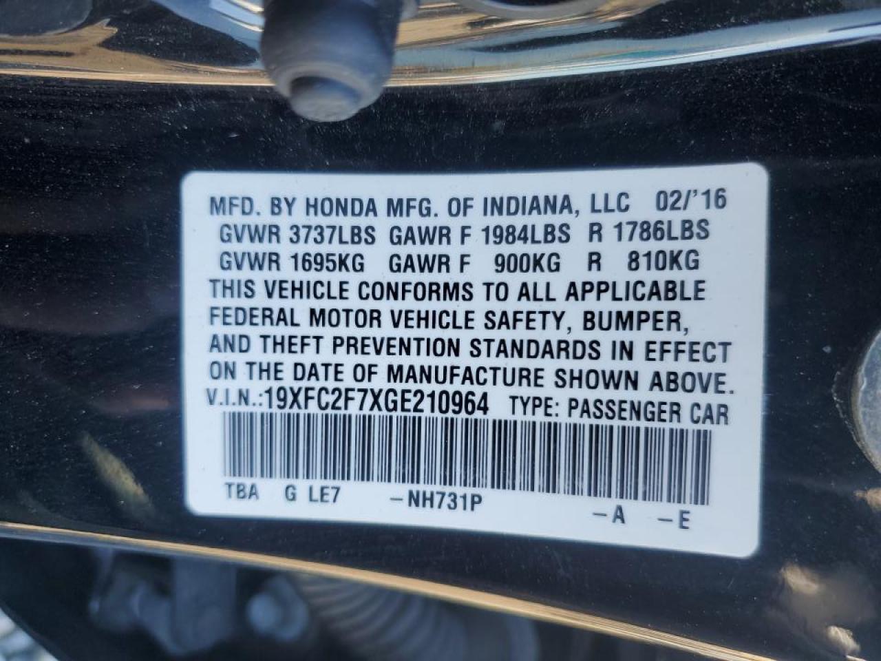 2016 Honda Civic Ex VIN: 19XFC2F7XGE210964 Lot: 85905315